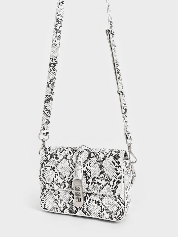 Snake-Print Chain Handle Bag, White, hi-res