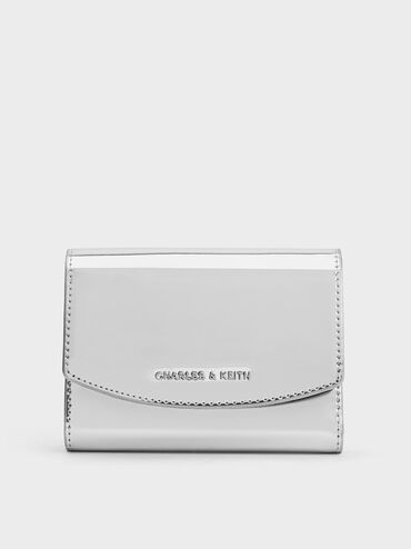 Metallic Curved Front Flap Wallet, Silver, hi-res