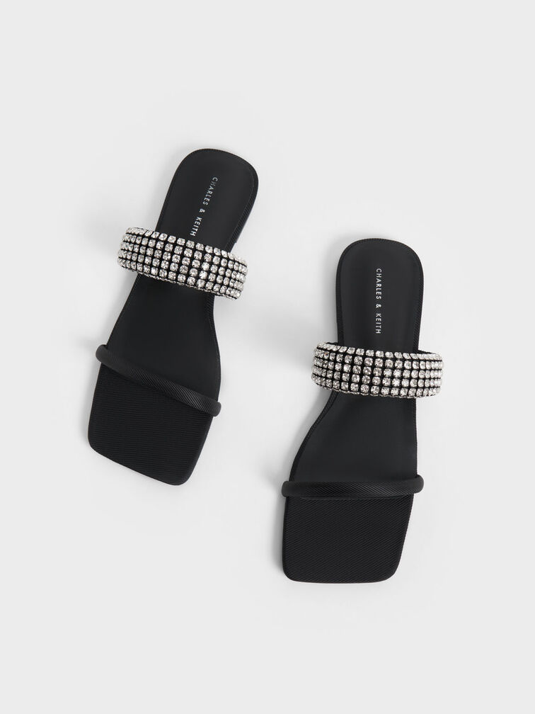 Gem-Embellished Strap Slides, Black, hi-res