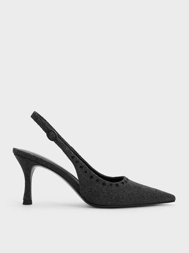 Textured Studded Pointed-Toe Slingback Pumps, Grey, hi-res