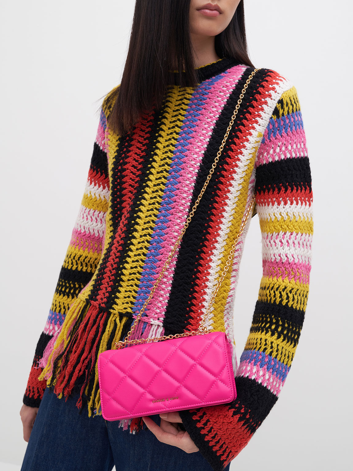 Paffuto Chain Handle Quilted Long Wallet, Fuchsia, hi-res