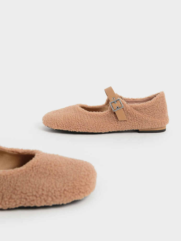 Furry Mary Jane Flats, Camel, hi-res