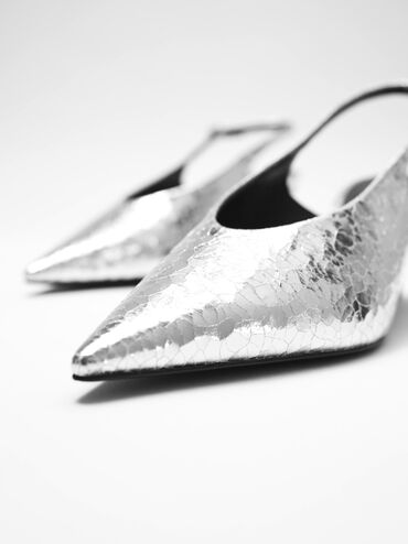 Zapatos destalonados metalizados efecto arrugado con empeine alto, Plateado, hi-res