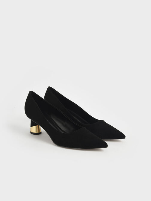 Metallic Sculptural Heel Textured Pumps, Black Textured, hi-res