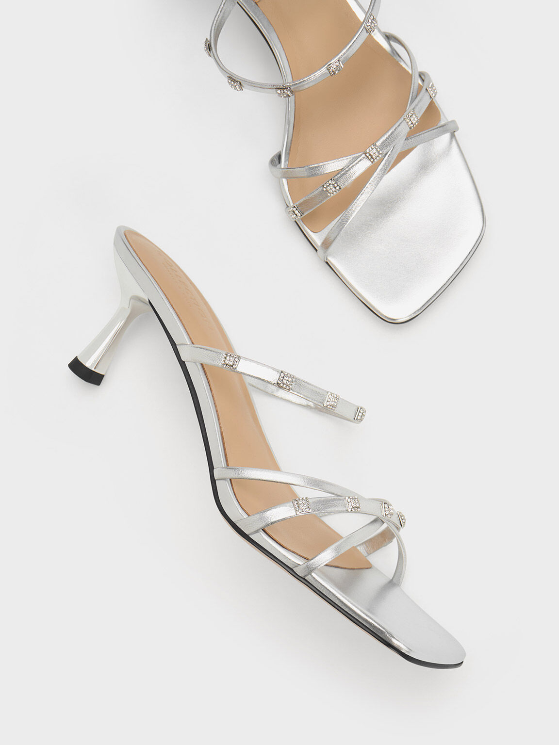 Silver Square Crystal Embellished Metallic Leather Heeled Mules
