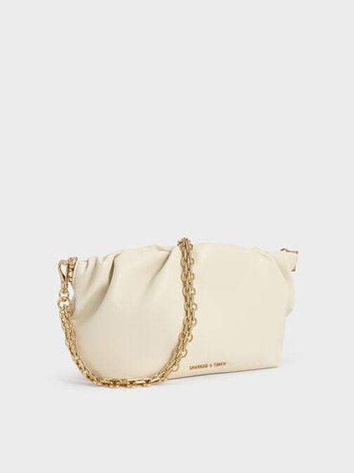 Brigette Ruched Chain-Handle Clutch, Cream, hi-res
