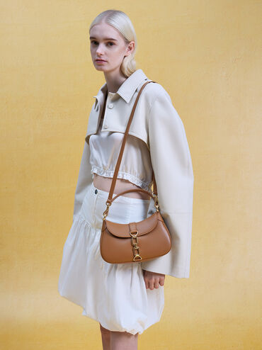 Agatha Chain-Accent Hobo Bag, Brown, hi-res