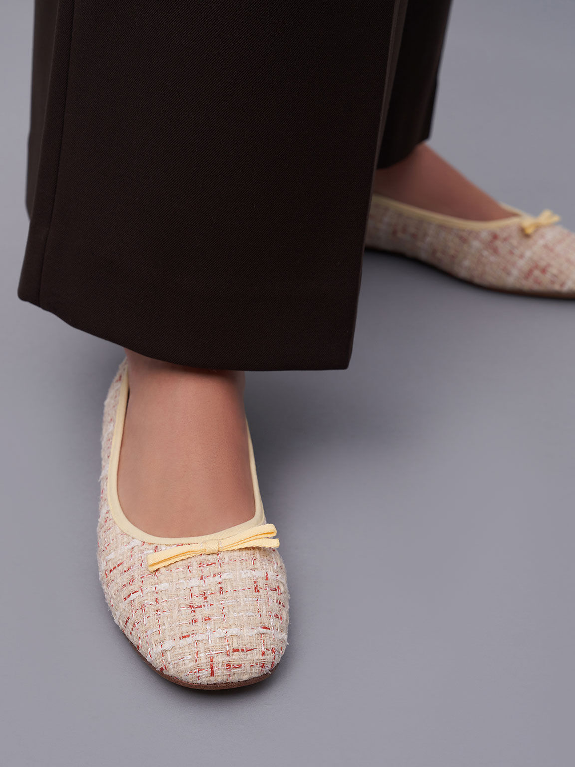 Tweed Bow Ballerina Pumps, Cream, hi-res
