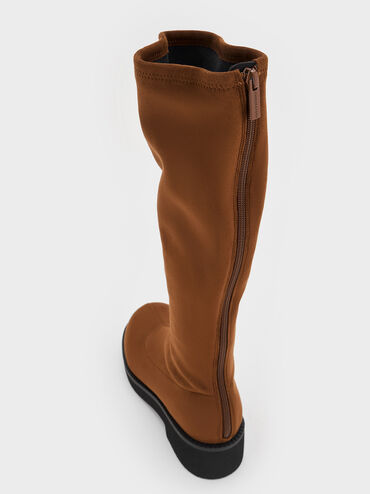 Faux Suede Chunky-Sole Knee-High Boots, Brown, hi-res