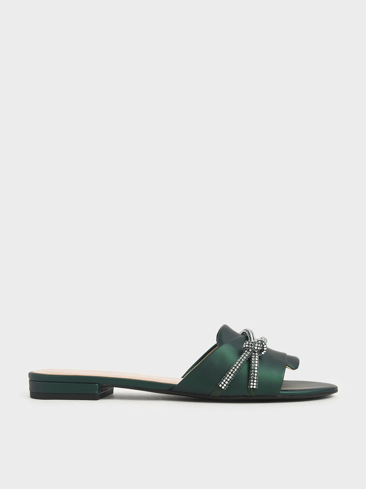Embellished Strap Slide Sandals, Dark Green, hi-res
