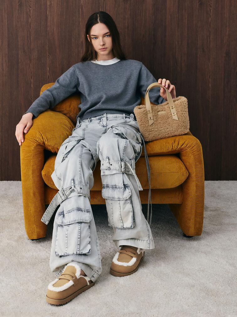 미니 샤니아 인조 시어링 더블 핸들 토트백, 넛맥 베이지, hi-res