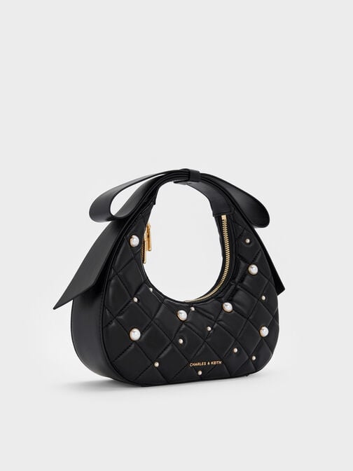 Janie Quilted Pearl Bow-Handle Bag, Black, hi-res