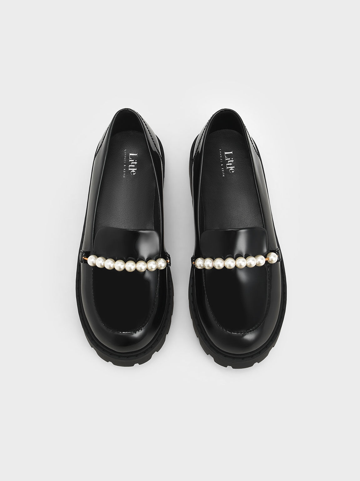 Girls' Patent Pearl-Embellished Loafers, Black, hi-res