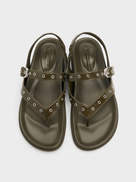 Sandales slingback &agrave; &oelig;illets et entredoigt, Vert olive, hi-res