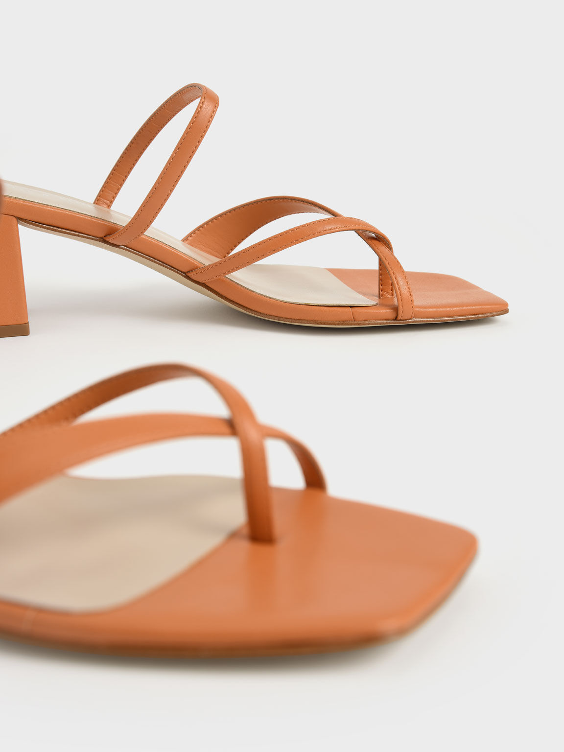 Orange Block Heel Toe Loop Sandals 
