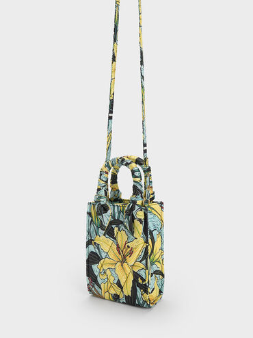 Bolso tote de tela con estampado botánico, Azul, hi-res