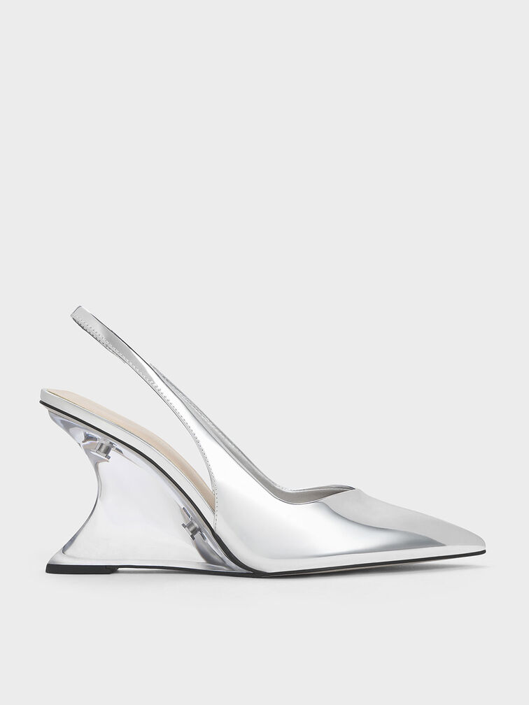 Metallic Sculptural Slingback Wedges, Silver, hi-res