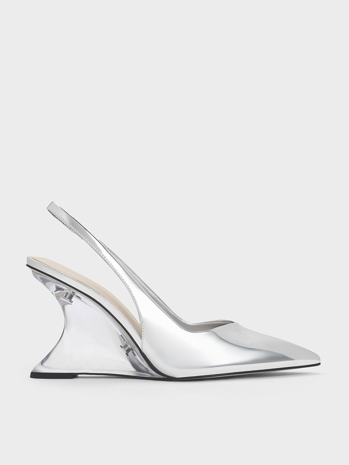 Metallic Sculptural Slingback Wedges, Silver, hi-res