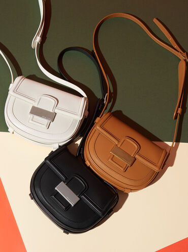Aurea Metallic-Accent Saddle Crossbody Bag, Cognac, hi-res