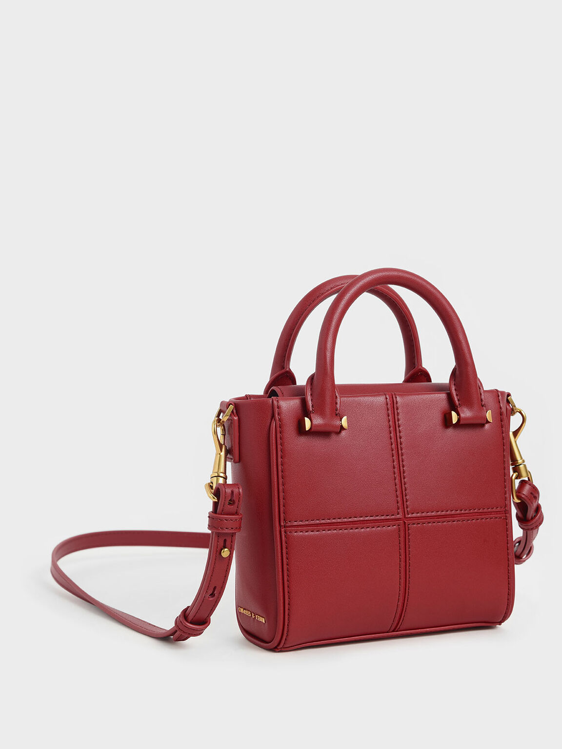 Textured Panelled Top Handle Bag, Red, hi-res