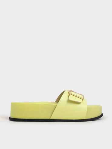 Metallic Buckle Flatform Sandals, Yellow, hi-res