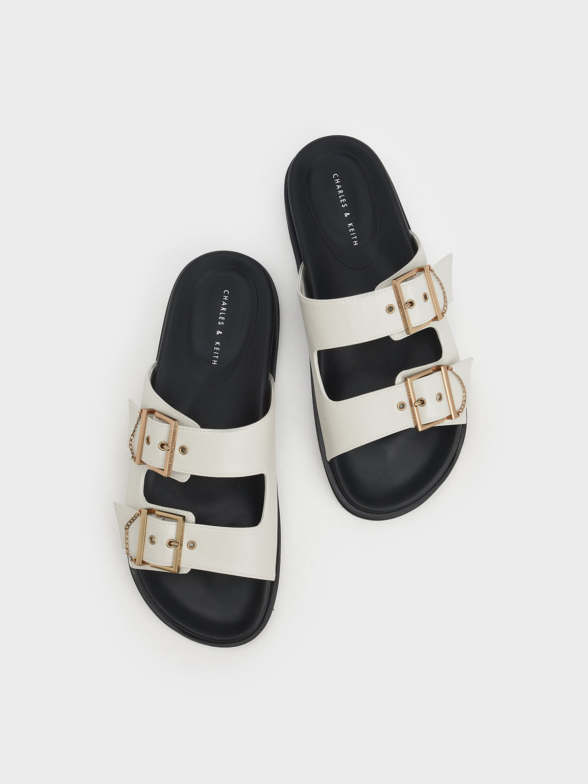 Chain-Link Buckled Slide Sandals, Chalk, hi-res
