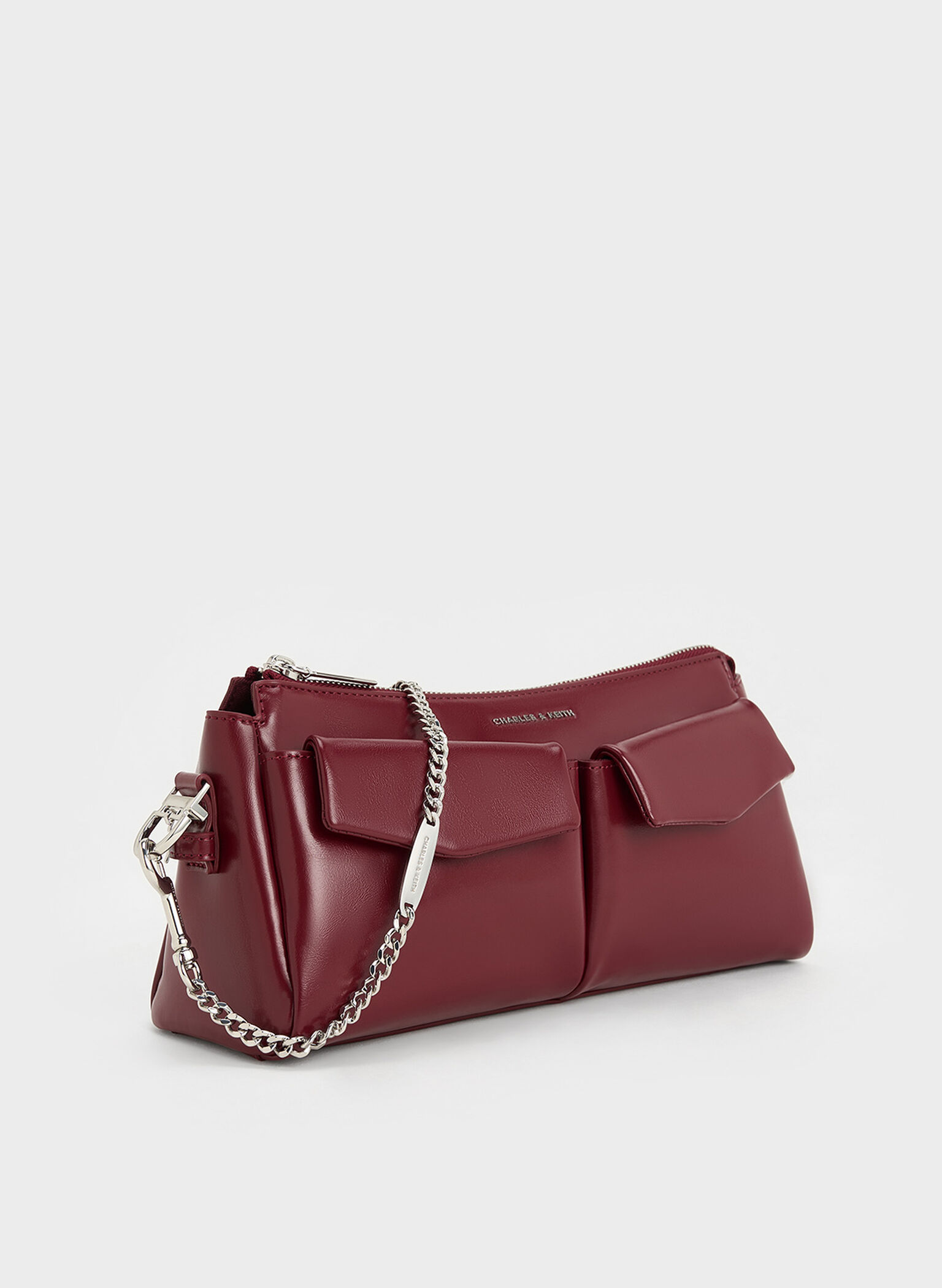 Bolsa Rachel com bolso frontal alongado e alça de corrente, Burgundy, hi-res