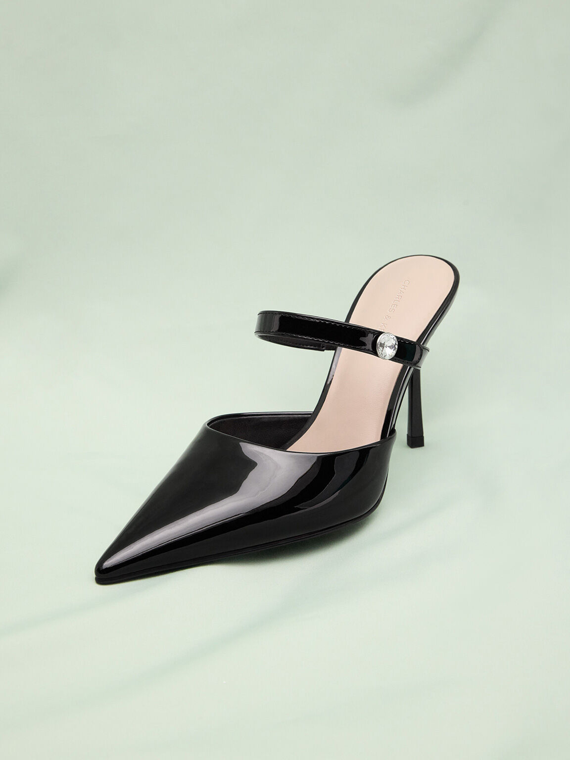 Patent Crystal Accent Stiletto Heel Mules Black Patent