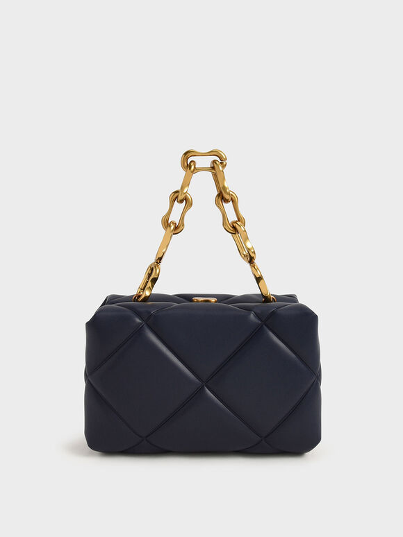 Gemma Chunky Chain Handle Quilted Boxy Bag, Navy, hi-res