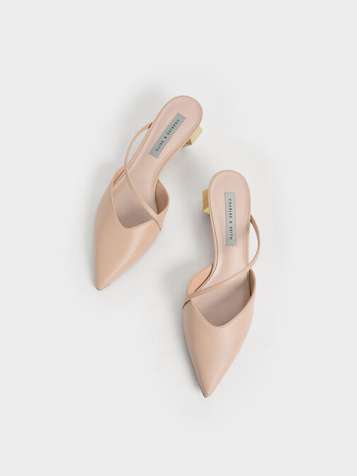 Asymmetric Strap Chrome Heel Mules, Light Pink, hi-res