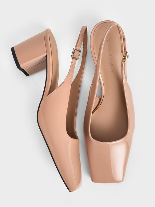 Patent Square-Toe Slingback Pumps, Nude, hi-res