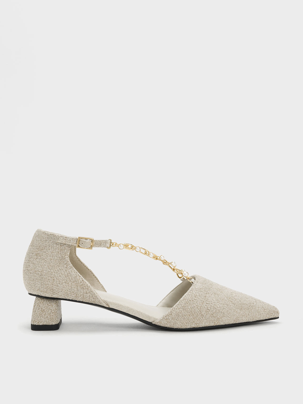 Beaded Metallic-Chain Linen D'Orsay Pumps, Beige, hi-res