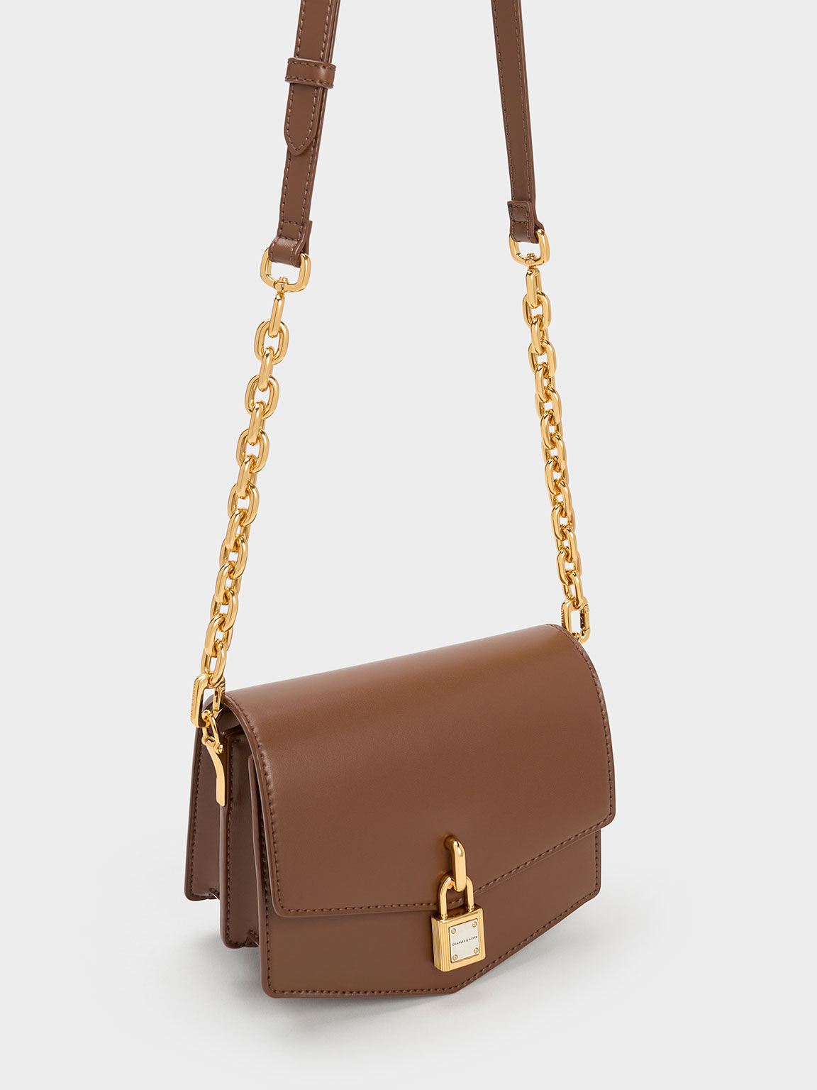 Lock-Motif Geometric Crossbody Bag, Chocolate, hi-res