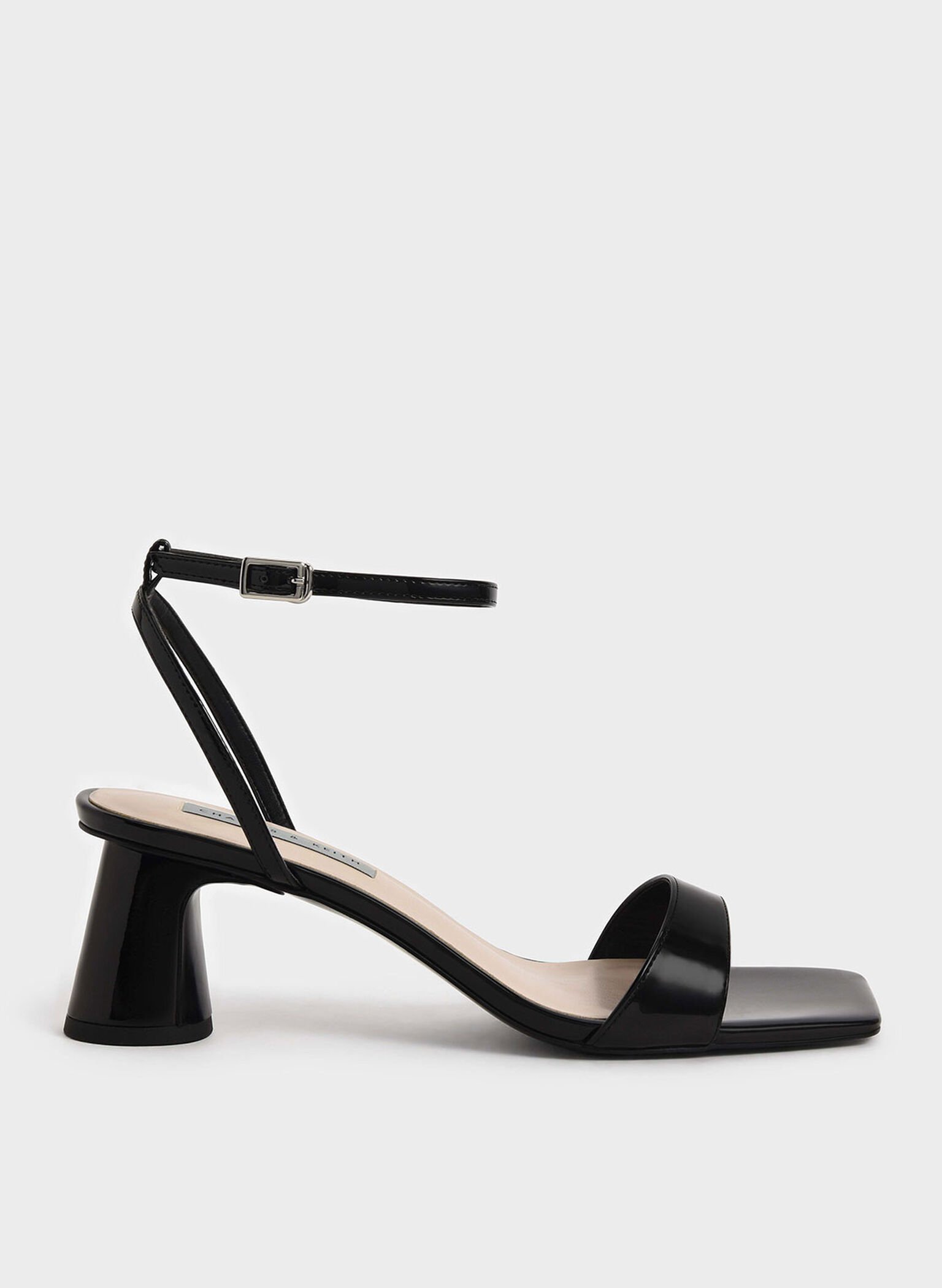 Black Patent Ankle-Strap Cylindrical Heel Sandals - CHARLES & KEITH US