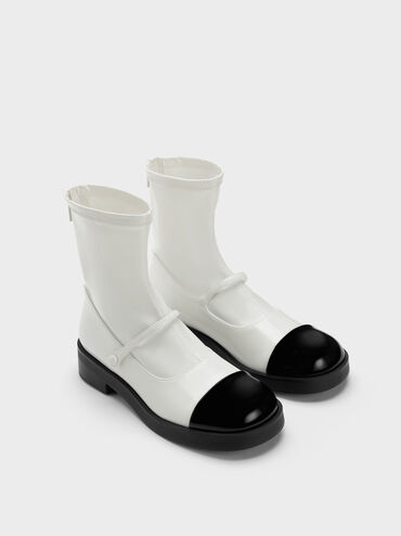 Front-Strap Two-Tone Ankle Boots, White, hi-res