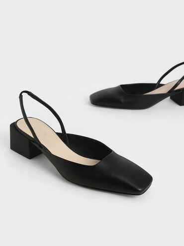 Square Toe Slingback Pumps, Black, hi-res