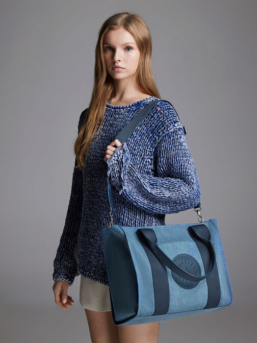 Large Kay Denim Contrast-Trim Tote Bag, Blue, hi-res