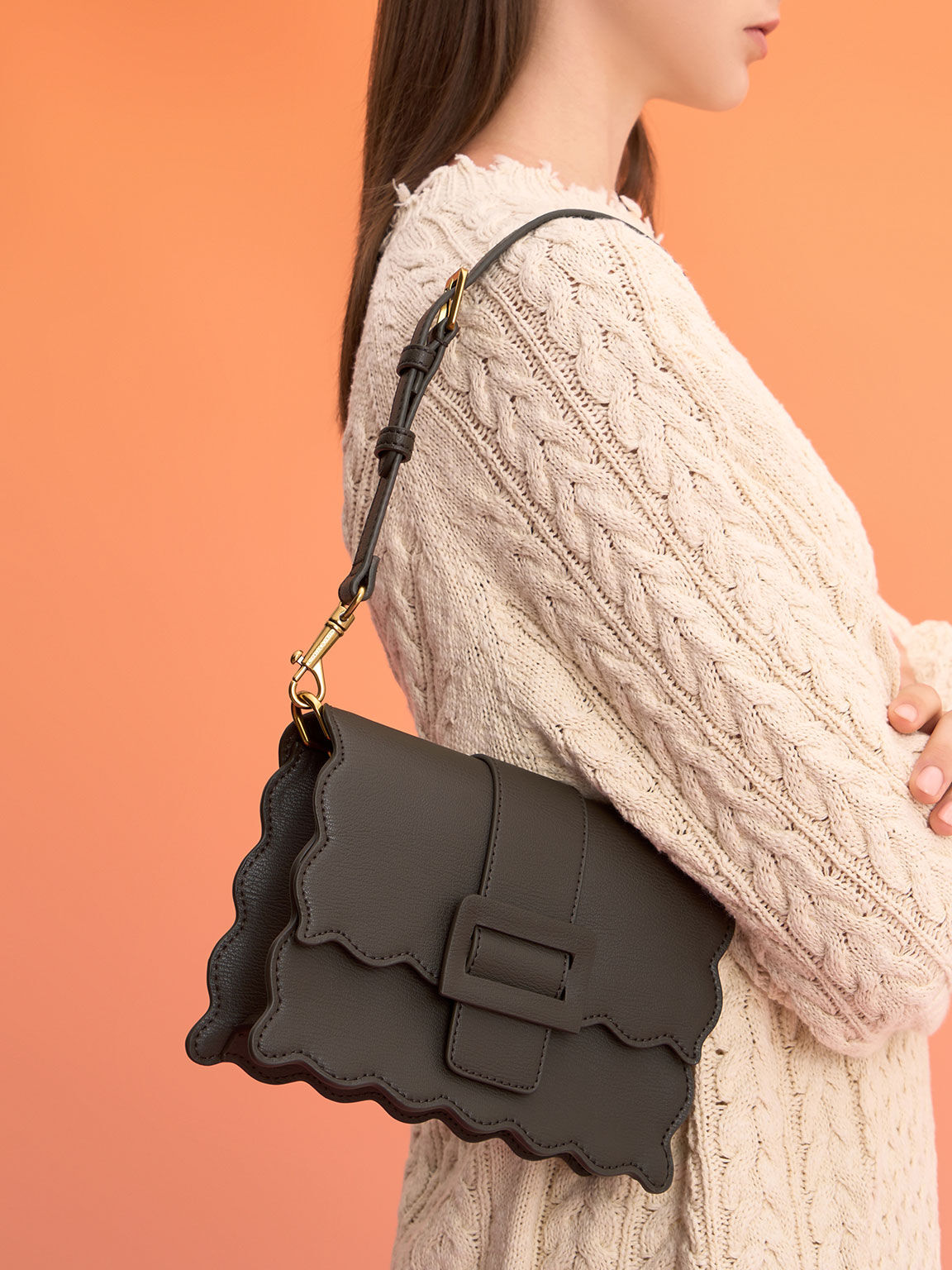 Waverly Scallop-Trim Bag, Dark Moss, hi-res