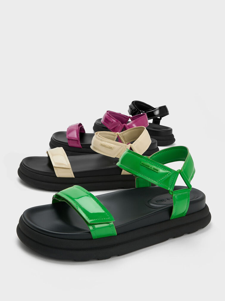 Patent Strappy Sports Sandals, Green, hi-res