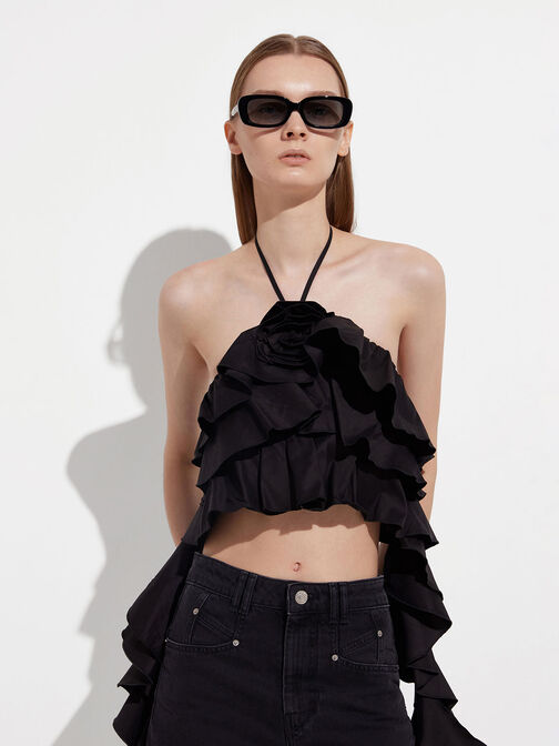 Aubrey Rectangular Recycled Acetate Sunglasses, Black, hi-res