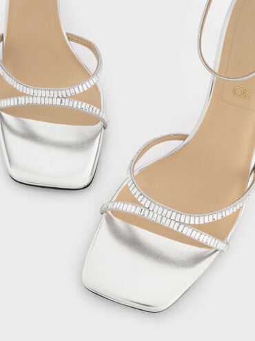 Jaylene Metallic Leather Gem Stiletto Sandals, Silver, hi-res