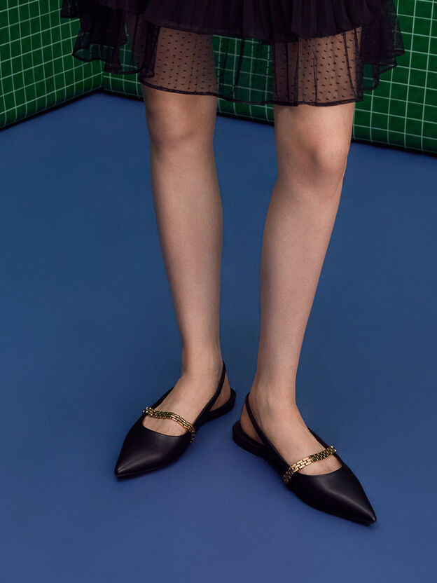 Sapatilhas de bico fino com al&ccedil;a de corrente, Preto, hi-res