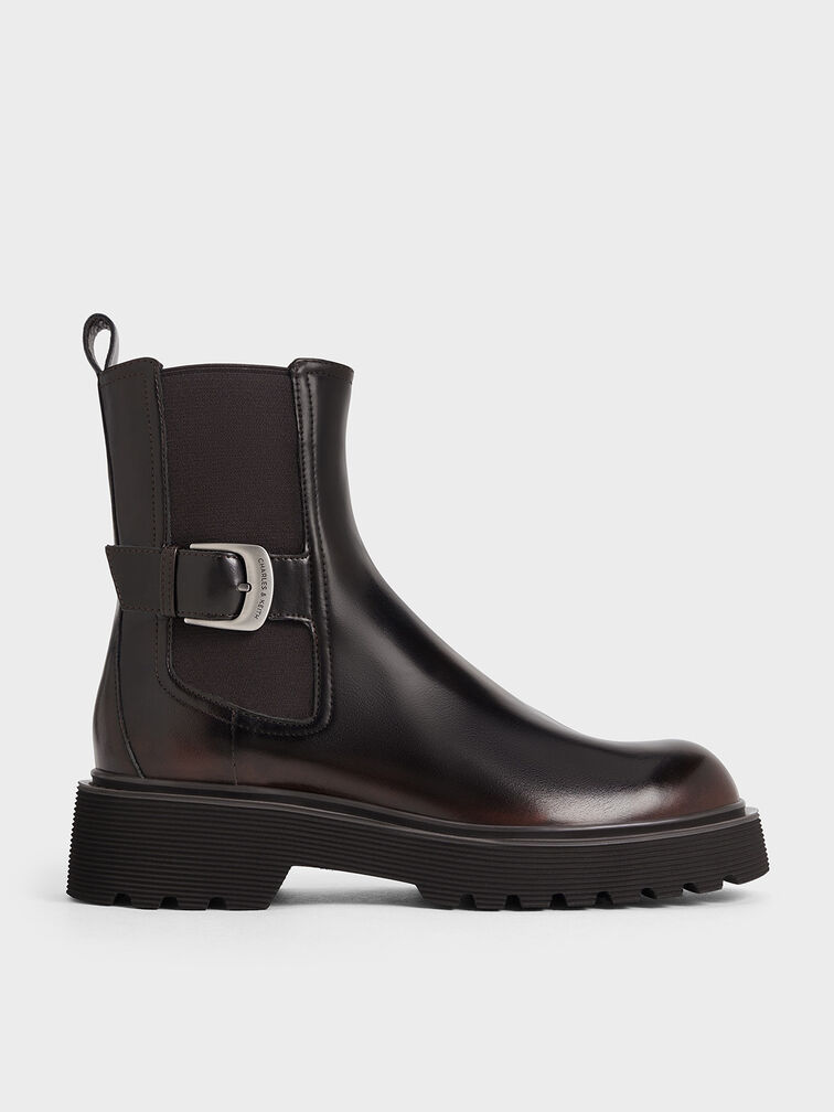 Botas Chelsea de suela estriada con hebilla lateral, Marrón oscuro, hi-res