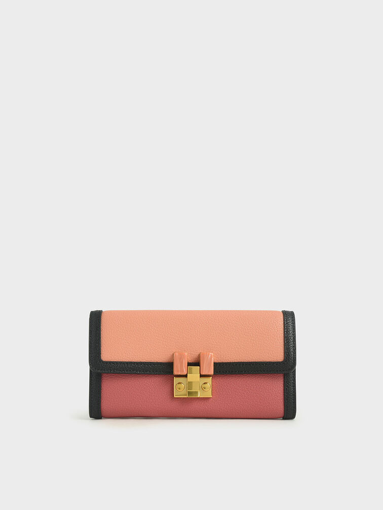 Stone-Embellished Mini Long Wallet, Peach, hi-res