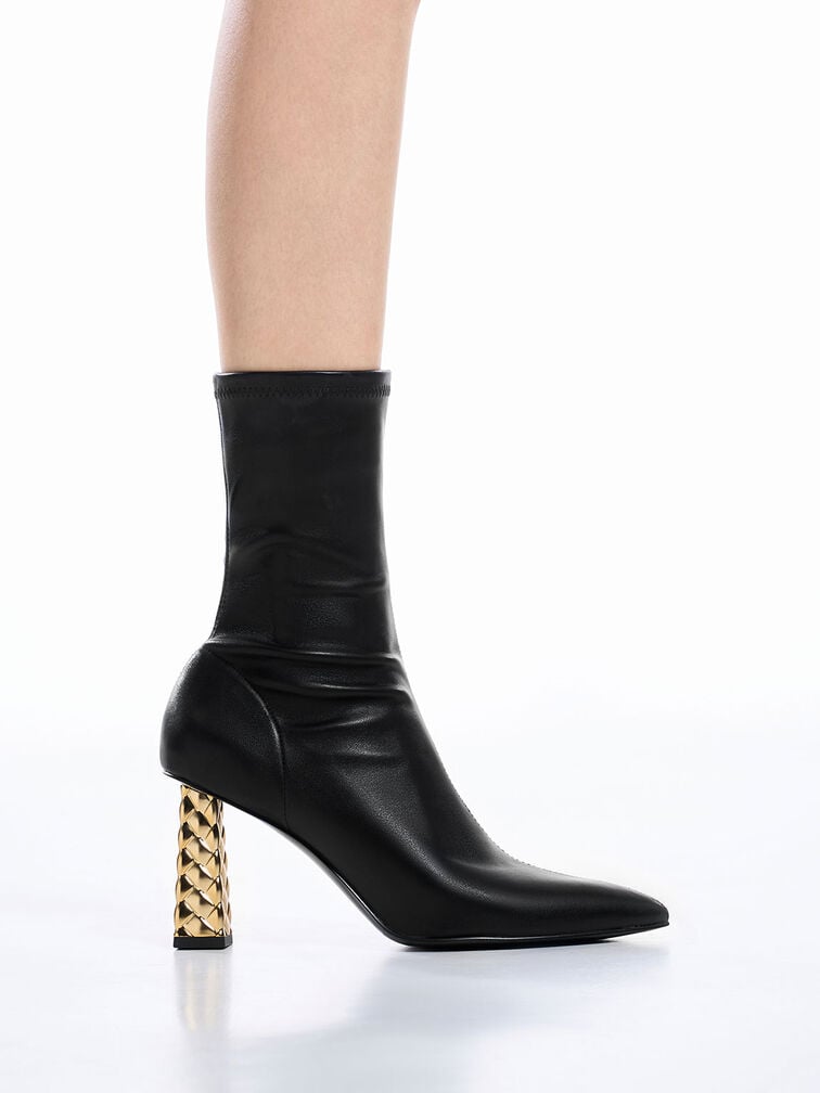 Pointed-Toe Quilted Heel Ankle Boots, Black, hi-res