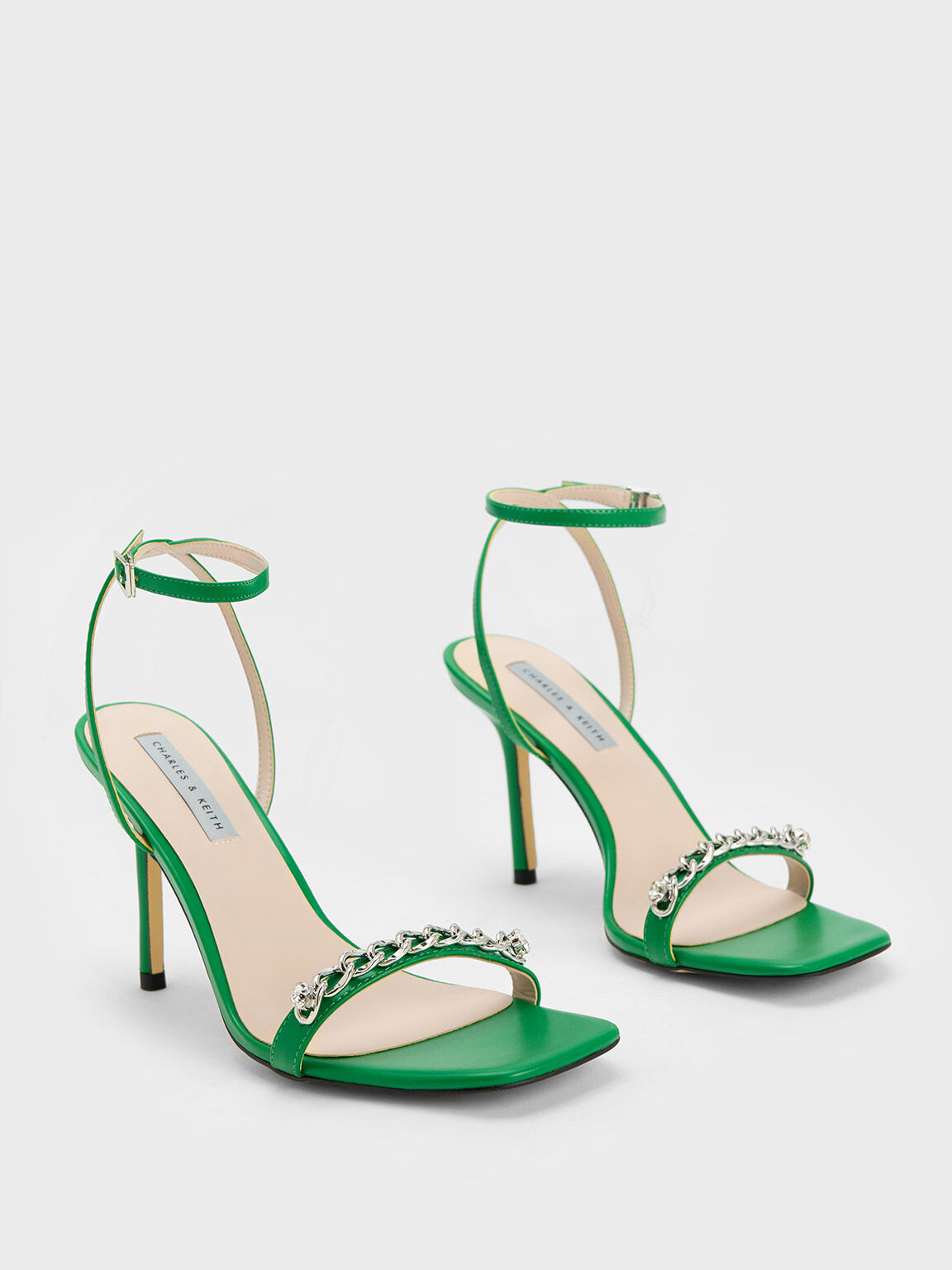 Chain-Embellished Ankle Strap Sandals, Green, hi-res