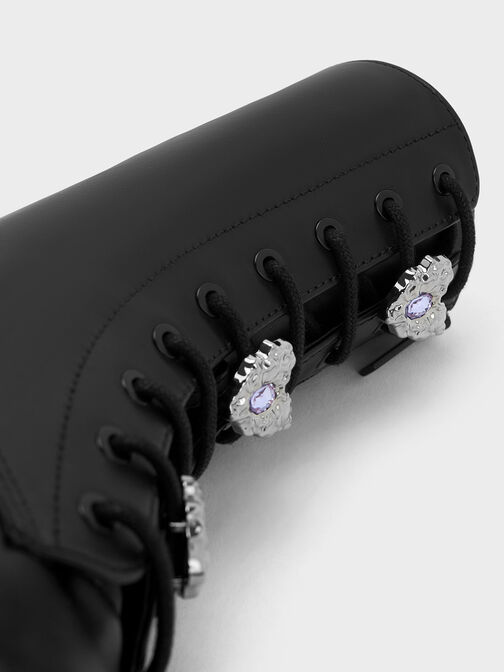 Heart-Embellished Lace-Up Platform Boots, Black, hi-res