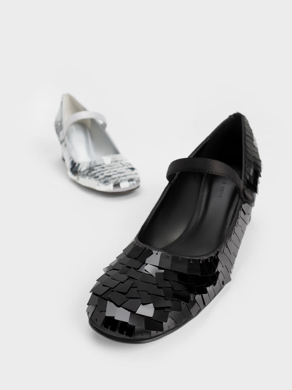 Sequinned Satin Mary Jane Pumps, Silver, hi-res