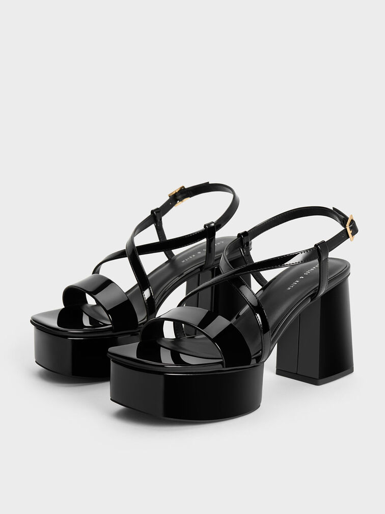 Sandalias de charol con tiras cruzadas y plataforma, Charol negro, hi-res