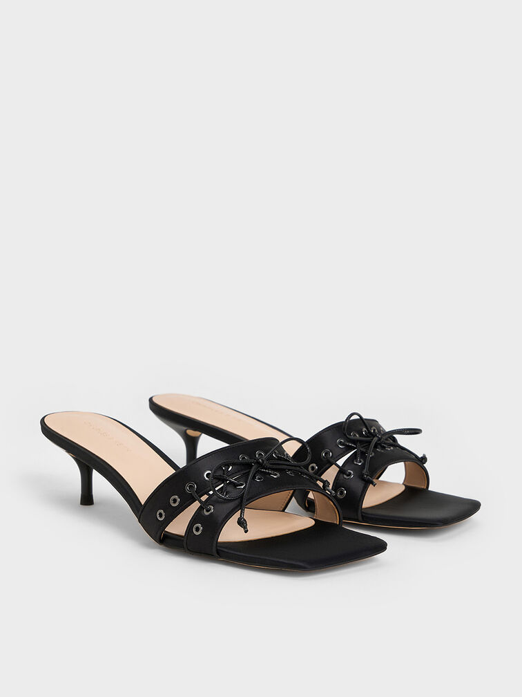 Satin Lace-Up Double-Strap Kitten-Heel Mules, Black Textured, hi-res